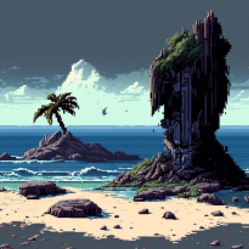 grimRepose_16_bit_pixel_art_beach_landscape_with_black_sand_and_b45cf401-bd0f-4ed0-aa7d-c2244ca41648
